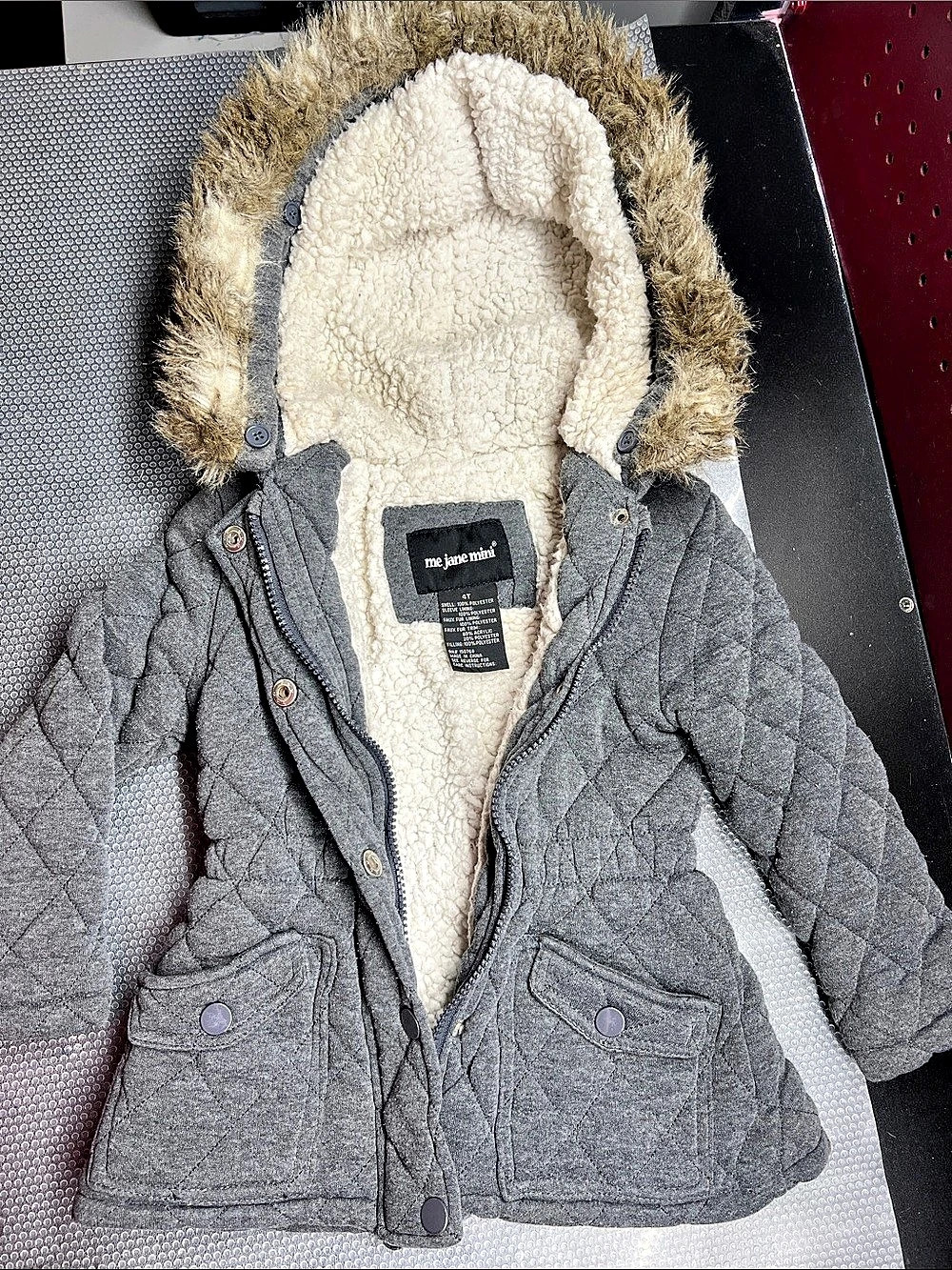 Me Jane Mimi Kids Quilted Sherpa-Lined Puffer in Gray